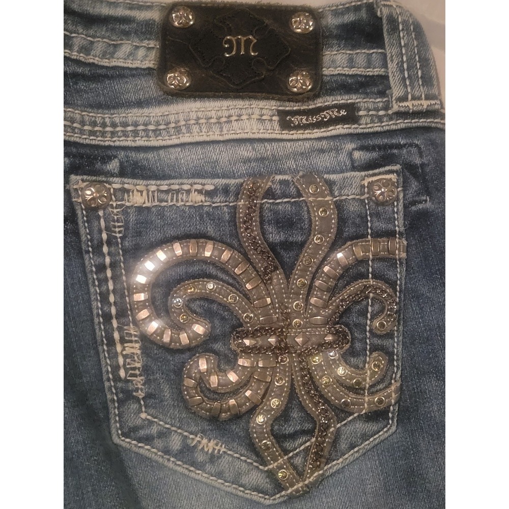 MISS ME Denim Women's 29 JE048C6‎ Crop Embroidered Thick Stitch Blue Jeans - Picture 2 of 15